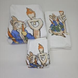 Vintage Wash Cloth Bath Hand Towel Set Peter Rabbit Cannon Royal Family Carrot